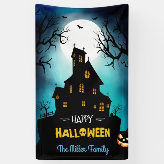 Spooky Haunted House Happy Halloween Party Spandoek (Verticaal)