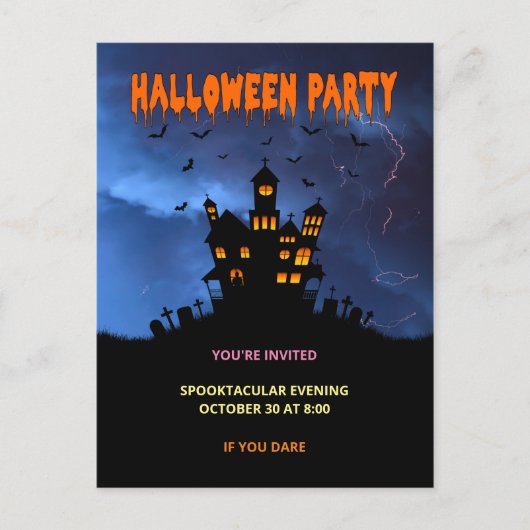 Spooky Haunted House met Bats Storm Uitnodiging Briefkaart (Voorkant)
