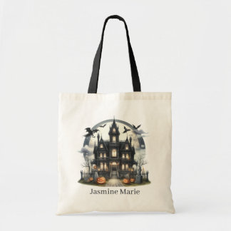 Spooky Haunted House naam toevoegen trick traktati Tote Bag