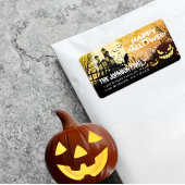 Spooky Haunted House Night Sky Halloween Adres Etiket
