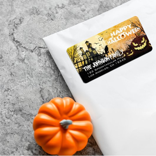 Spooky Haunted House Night Sky Halloween Adres Etiket