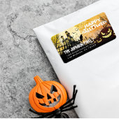 Spooky Haunted House Night Sky Halloween Adres Etiket