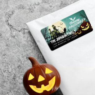 Spooky Haunted House Night Sky Halloween Adres Etiket