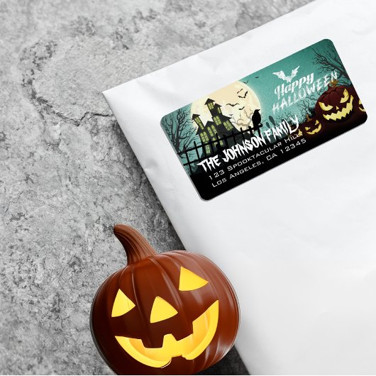Spooky Haunted House Night Sky Halloween Adres Etiket