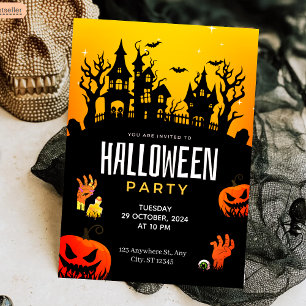 Spooky Haunted House & Pumpkins Halloween Party Kaart