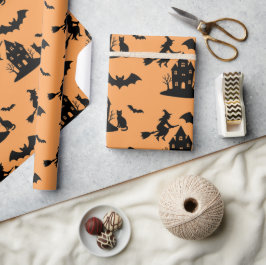 Spooky Haunted House & Witch Silhouette | Cadeaupapier