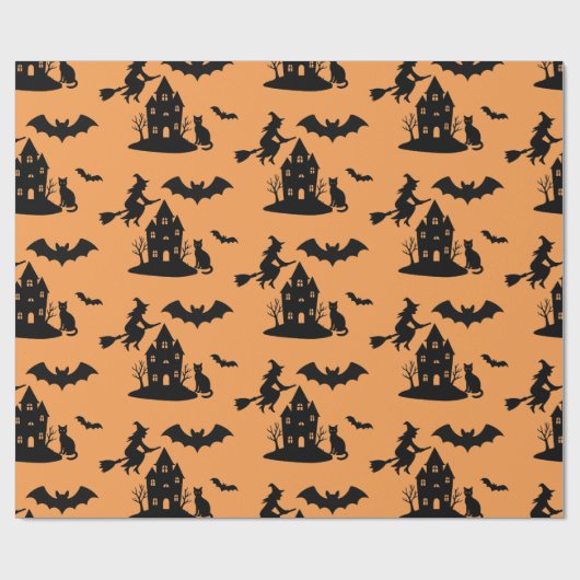 Spooky Haunted House & Witch Silhouette | Cadeaupapier (Vlak)
