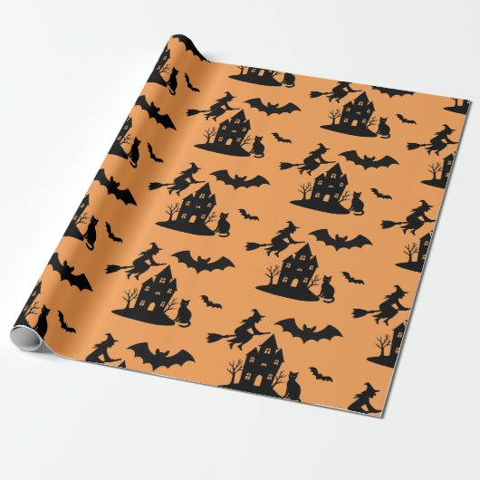 Spooky Haunted House & Witch Silhouette | Cadeaupapier (Uitgerold)