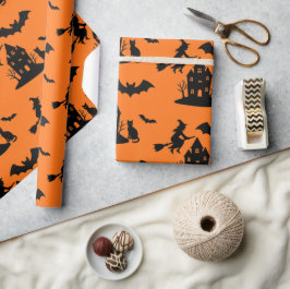 Spooky Haunted House & Witch Silhouette | Cadeaupapier