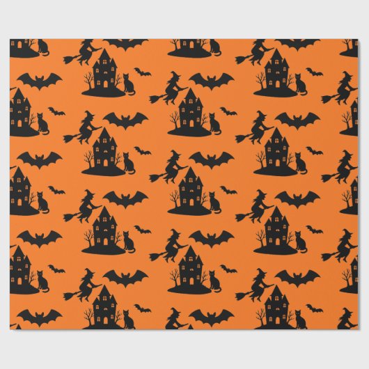 Spooky Haunted House & Witch Silhouette | Cadeaupapier (Vlak)