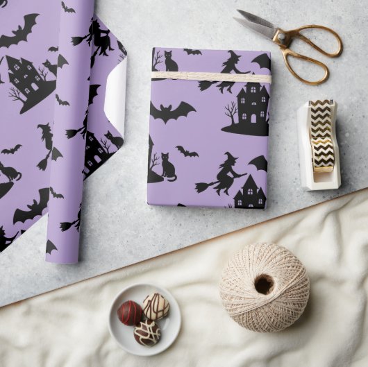 Spooky Haunted House & Witch Silhouette | Cadeaupapier (Crafts)