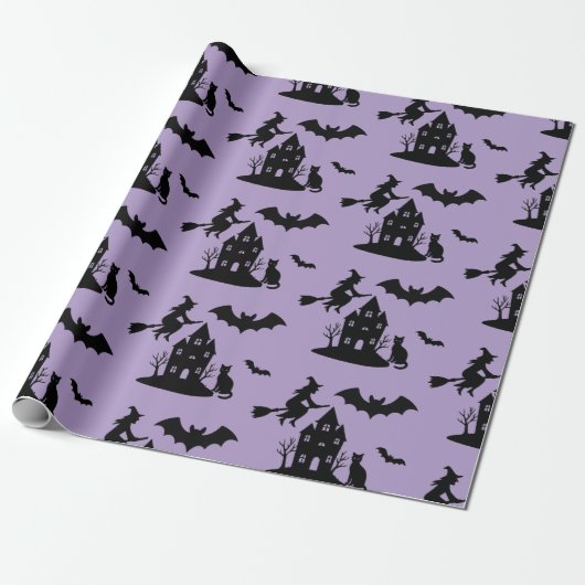 Spooky Haunted House & Witch Silhouette | Cadeaupapier (Uitgerold)