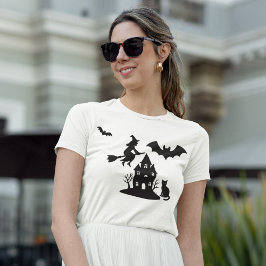 Spooky Haunted House & Witch Silhouette | T-shirt