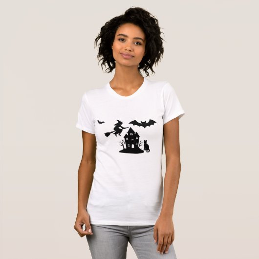 Spooky Haunted House & Witch Silhouette | T-shirt (Voorkant volledig)