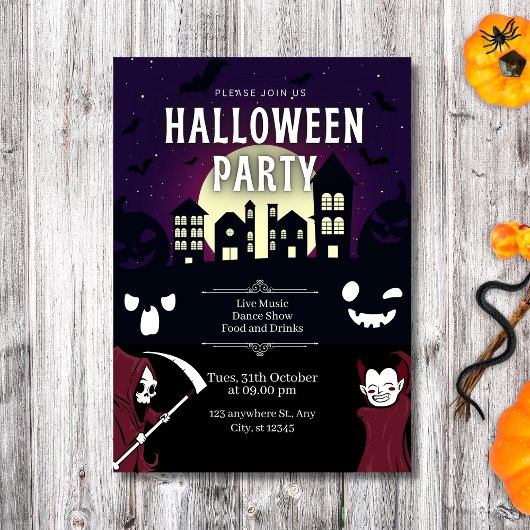 Spooky Haunted Village & Monsters Halloween Party Kaart