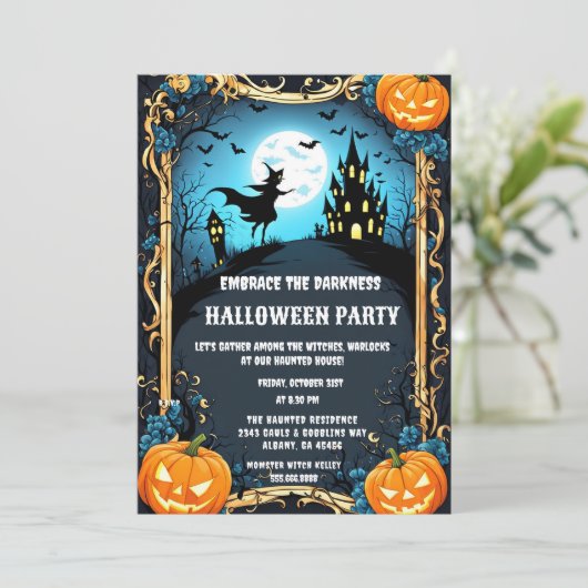 Spooky Haunted Witch House Halloween Party Kaart (Staand voorkant)