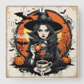 Spooky heks brouwen drankjes op Halloween nacht Vierkante Klok (Voorkant)