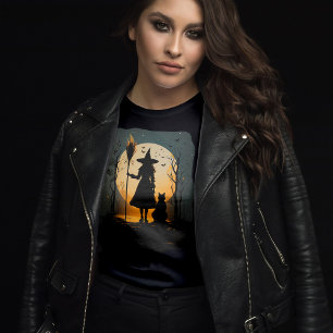 Spooky heks kat bezem gloeiende maan halloween t-shirt
