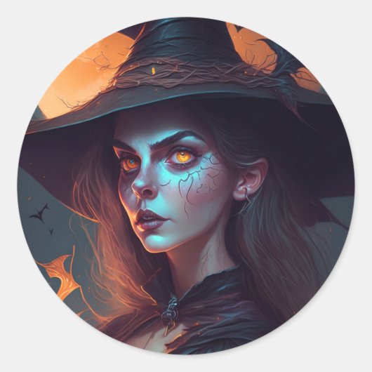 Spooky Heks met Maan Achtergrond Halloween Ronde Sticker (Voorkant)