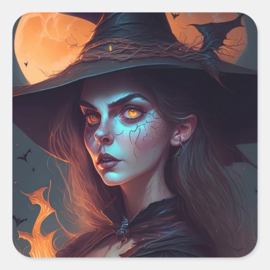 Spooky Heks met Maan Achtergrond Halloween Vierkante Sticker (Voorkant)