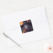 Spooky Heks met Maan Achtergrond Halloween Vierkante Sticker (Envelop)