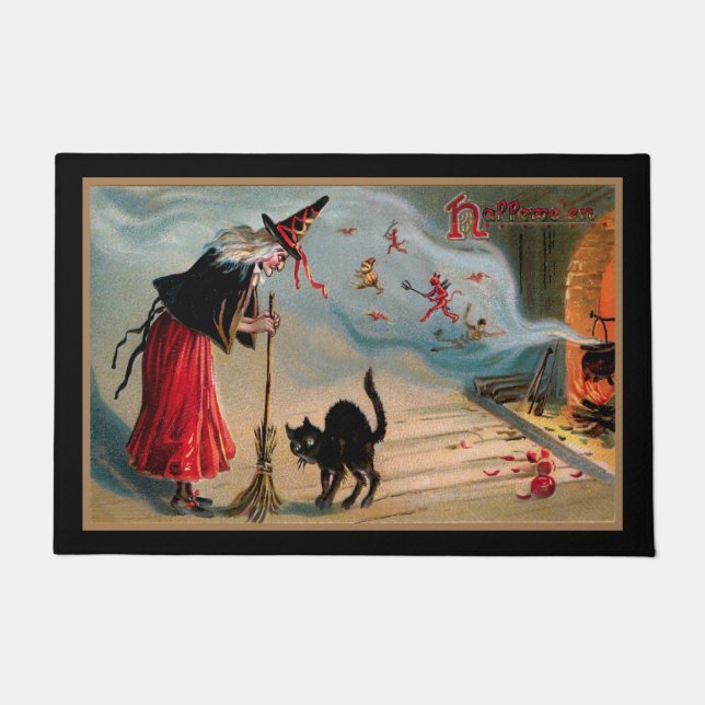 Spooky  heks met zwarte kat en duivels deurmat (Voorkant)