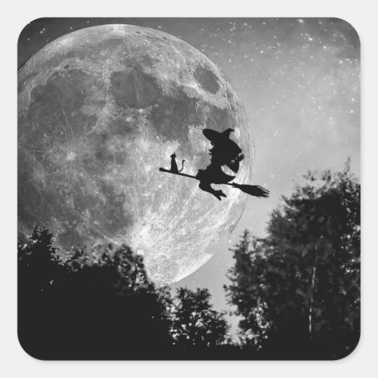 Spooky Heks op bezem Volle Maan Halloween Party Vierkante Sticker (Voorkant)