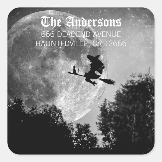 Spooky Heks op bezem Volle Maan Halloween Party Vierkante Sticker (Voorkant)
