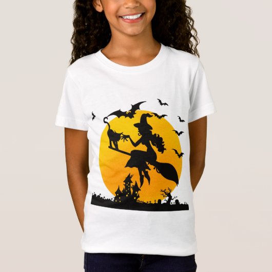 Spooky-heks op een bezem met kattenhalloween lol t-shirt (Voorkant)