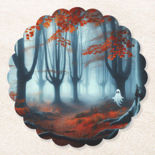 Spooky Herfst bossen met een spook Kartonnen Onderzetters