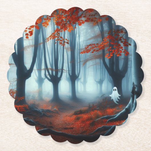 Spooky Herfst bossen met een spook Kartonnen Onderzetters (Voorkant)
