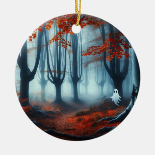 Spooky Herfst bossen met een spook Keramisch Ornament (Voorkant)