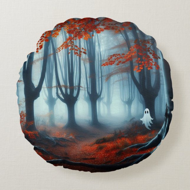 Spooky Herfst bossen met een spook Rond Kussen (Voorkant)
