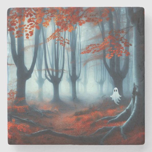 Spooky Herfst bossen met een spook Stenen Onderzetter (Voorkant)