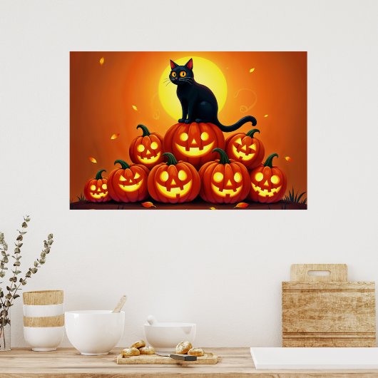 Spooky herfstnacht met gloeiende pompoenen poster (Keuken)