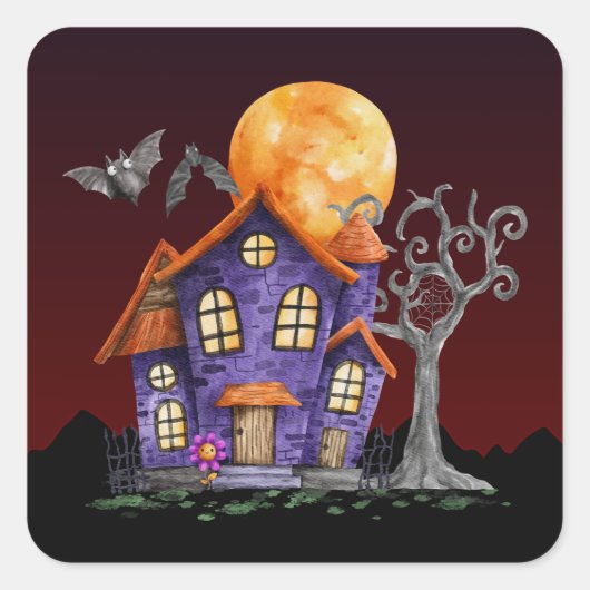 Spooky House Full Moon Halloween Vierkante Sticker (Voorkant)