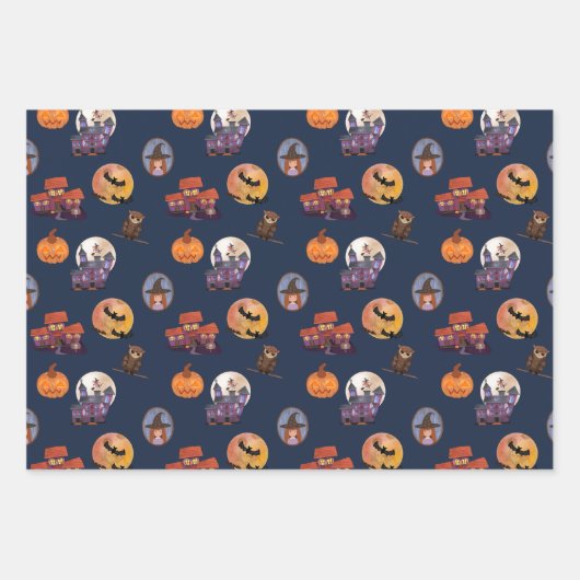 Spooky House Leuke Kleine Heks Uil Maan Halloween Inpakpapier Vel (Voorkant)