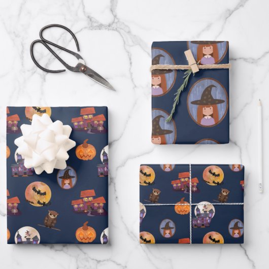 Spooky House Leuke Kleine Heks Uil Maan Halloween Inpakpapier Vel (Voorkant)
