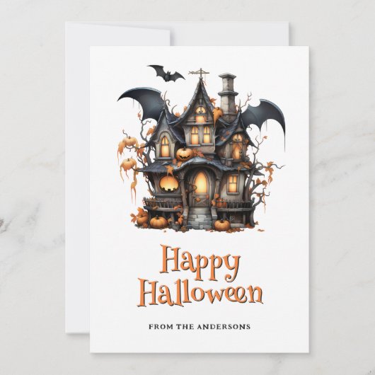 Spooky House Pumpkins Bat Ghost Halloween Card Feestdagenkaart (Voorkant)