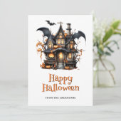 Spooky House Pumpkins Bat Ghost Halloween Card Feestdagenkaart (Staand voorkant)