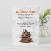 Spooky House Pumpkins Ghost Halloween Party Kaart (Staand voorkant)
