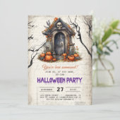 Spooky House Skull Pumpkins Halloween Party Kaart (Staand voorkant)