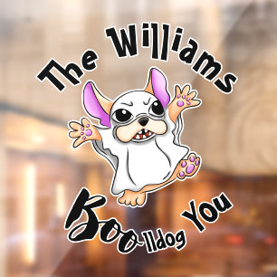 Spooky Hugs: Schattigee Bulldog Boo ghost Hallowee Raamsticker