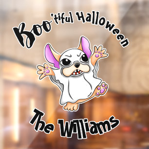 Spooky Hugs: Schattigee Bulldog Boo ghost Hallowee Raamsticker