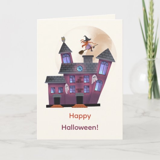Spooky huis maan kleine heks gelukkig Halloween Kaart (Voorkant)