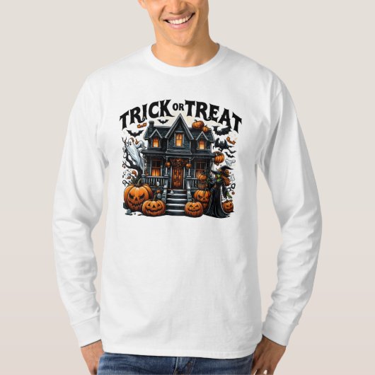 Spooky huis met pompoenen en geesten t-shirt (Voorkant)