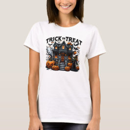 Spooky huis met pompoenen en geesten t-shirt