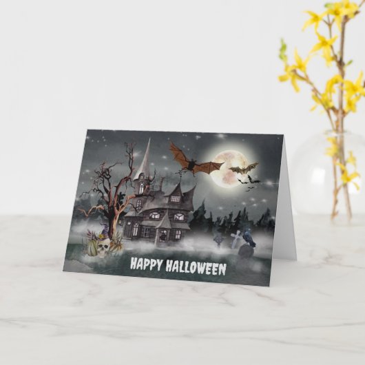 Spooky Hunted House Halloween Kaart (Gele Bloem)