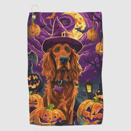 Spooky Ierse Rode Setter Halloween Witch Pumpkin Golfhanddoek (Voorkant)