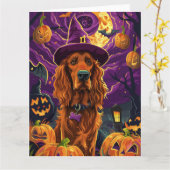 Spooky Ierse Rode Setter Halloween Witch Pumpkin Kaart (Gele Bloem)